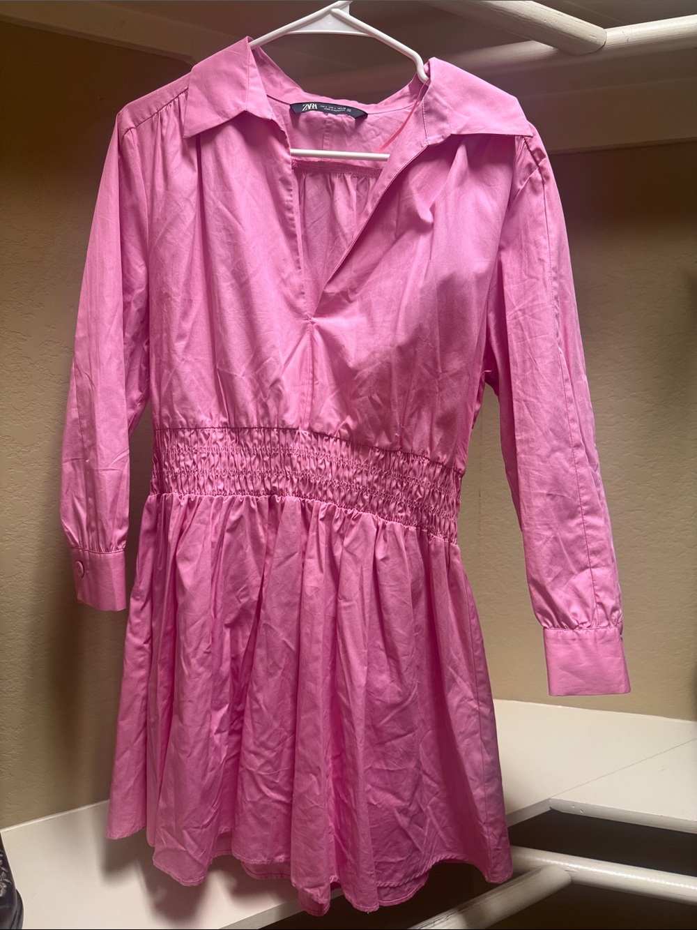 Zara Kids Bright Pink Smocked-Waist Shirt Dress